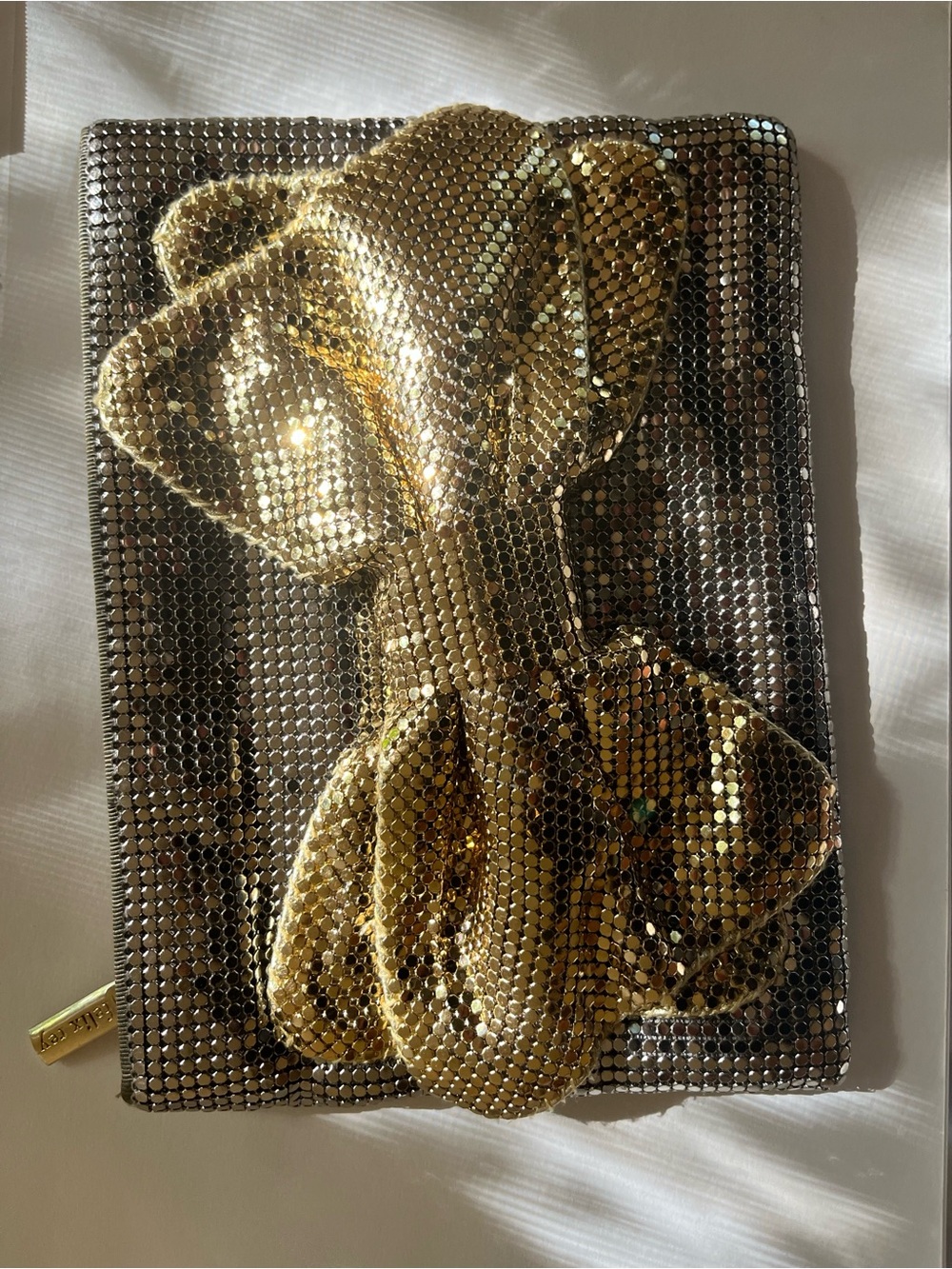 Felix Rey Metallic Mesh Bow Zipper Pouch Clutch — Liquid Gold Glam